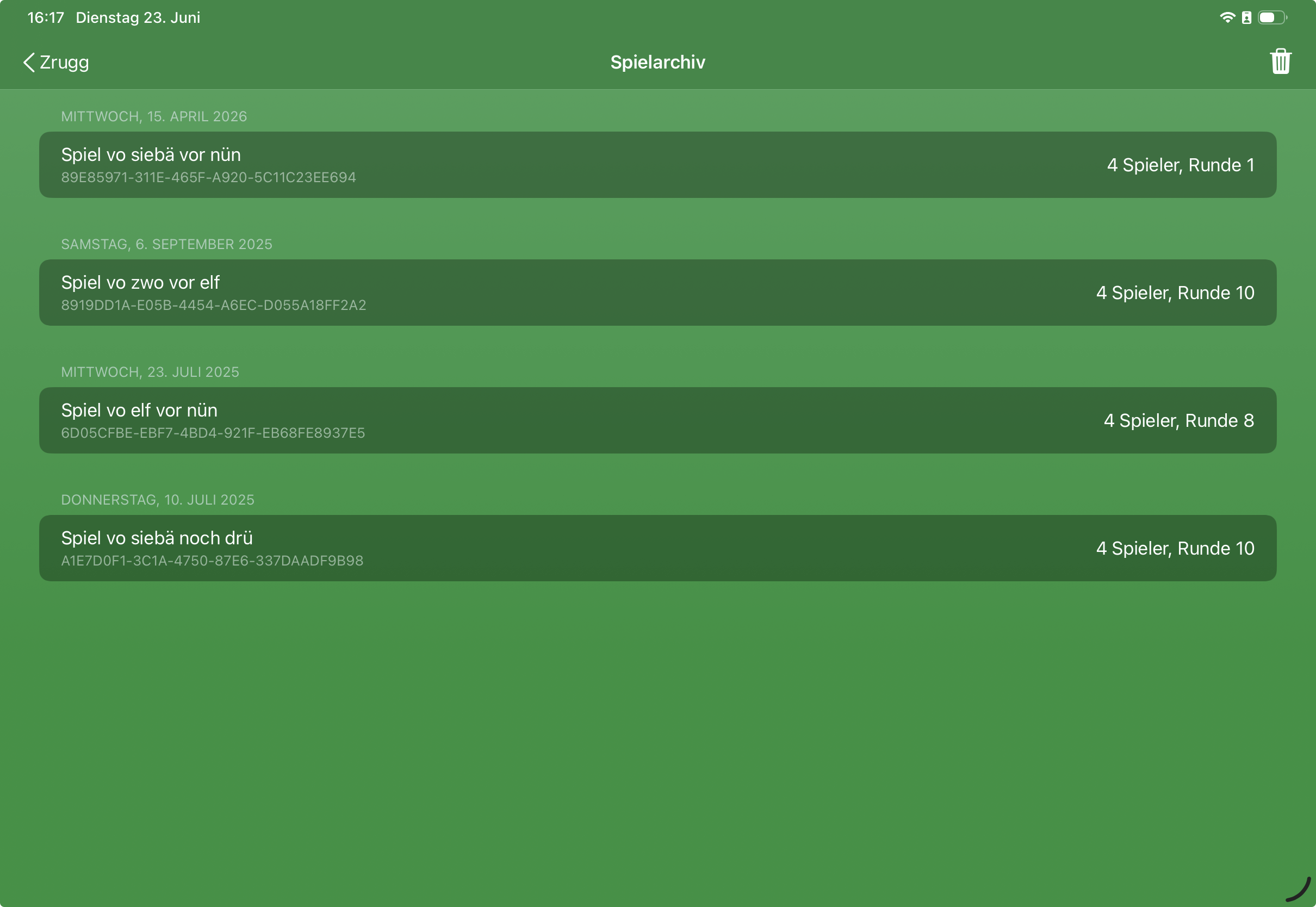Spielarchiv mit gespeicherten Partien, Datum, Spielerzahl und Runde