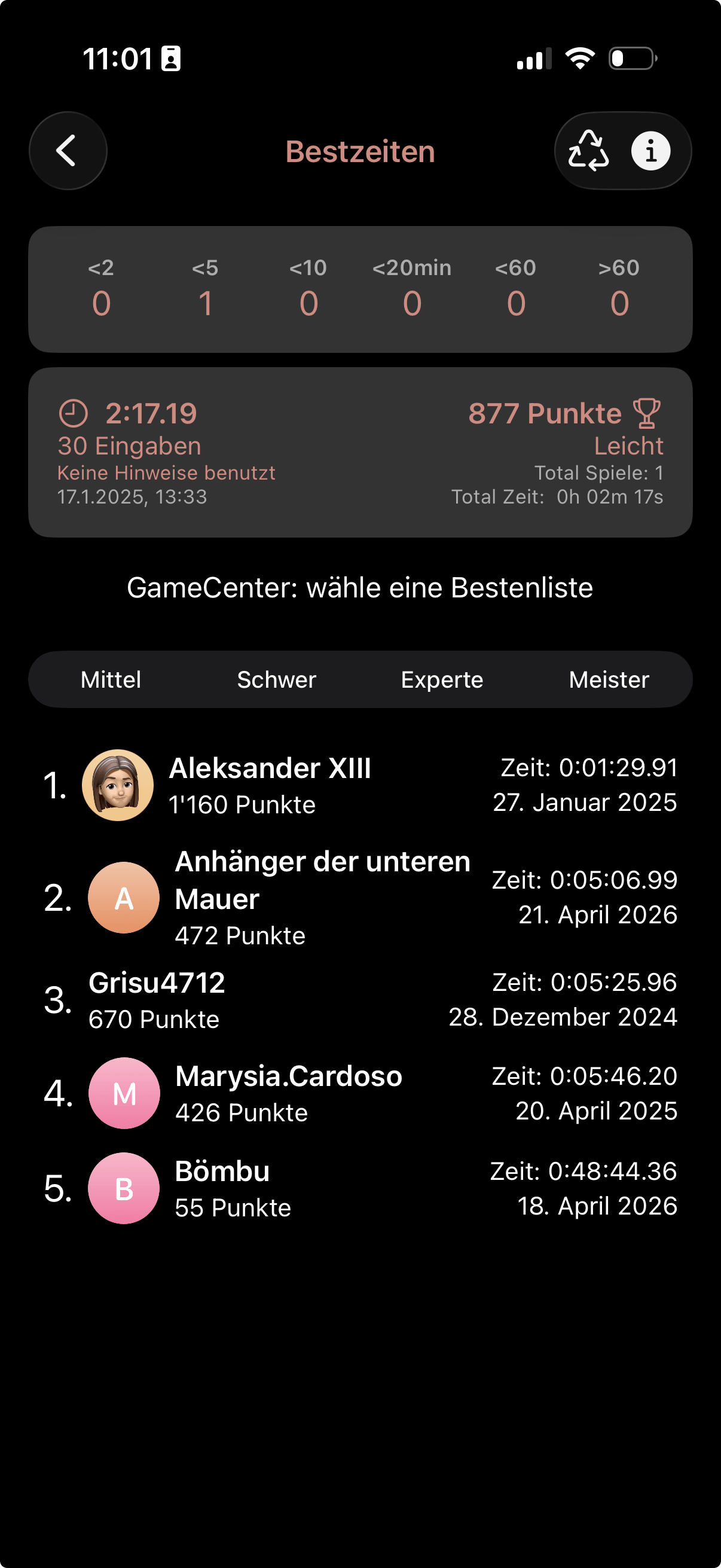 Bestzeiten von Sudoku Solver mit lokaler Bestzeit, Zeitverteilung und Game-Center-Bestenliste