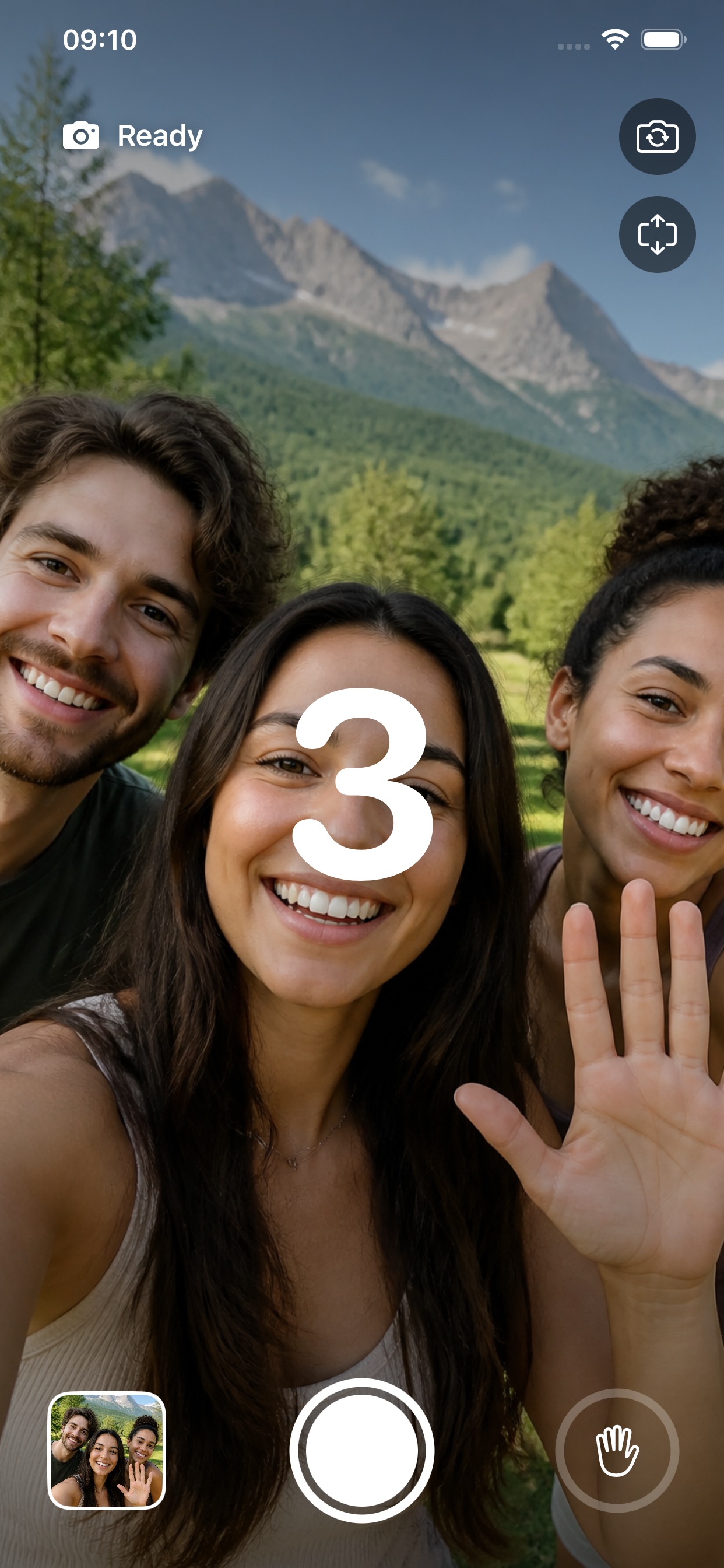 GestureSelfie während des Countdowns mit grosser Zahl drei