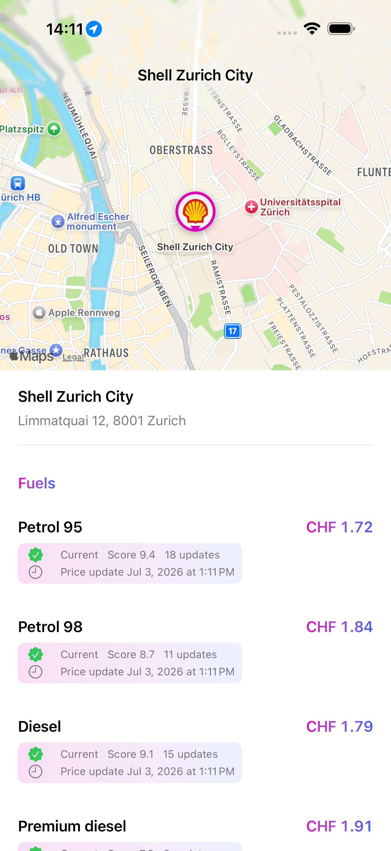 FuelPrices Detailansicht mit Shell Zurich City, Karte und Preisen für mehrere Treibstoffe