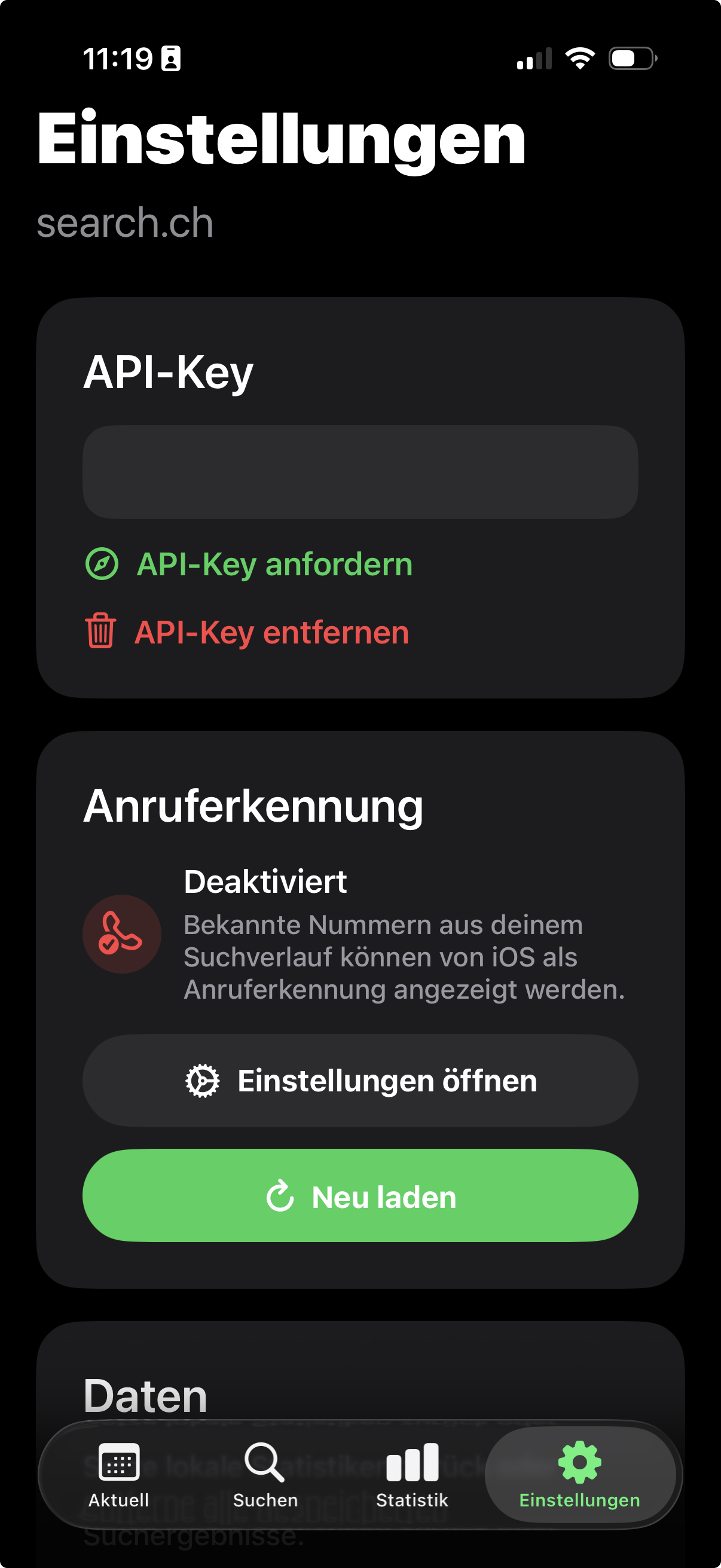Einstellungen von Caller Lookup mit API-Key, Anruferkennung und Datenbereich
