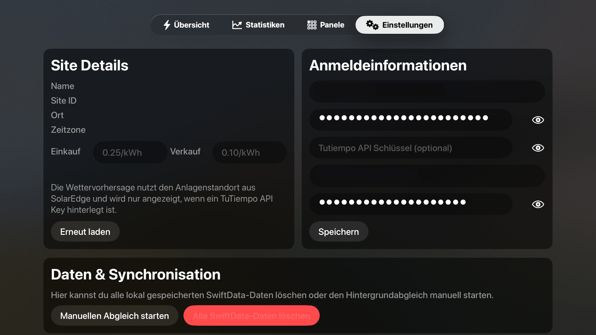 Einstellungen von mySolarEdge mit Site Details, Anmeldeinformationen und Datensynchronisation