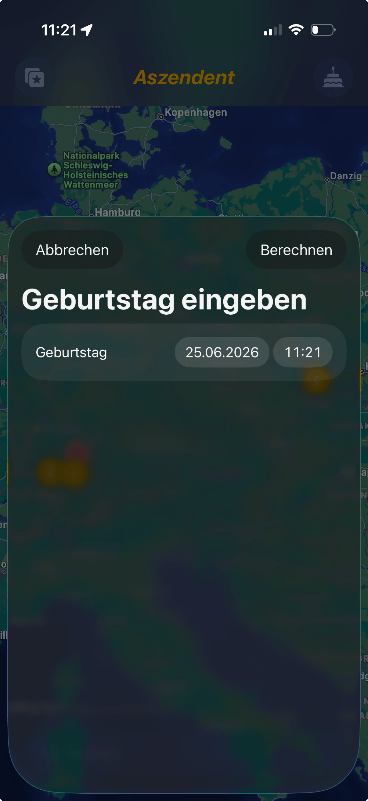 Geburtstagseingabe in myAscendant mit Datum, Uhrzeit, Abbrechen und Berechnen