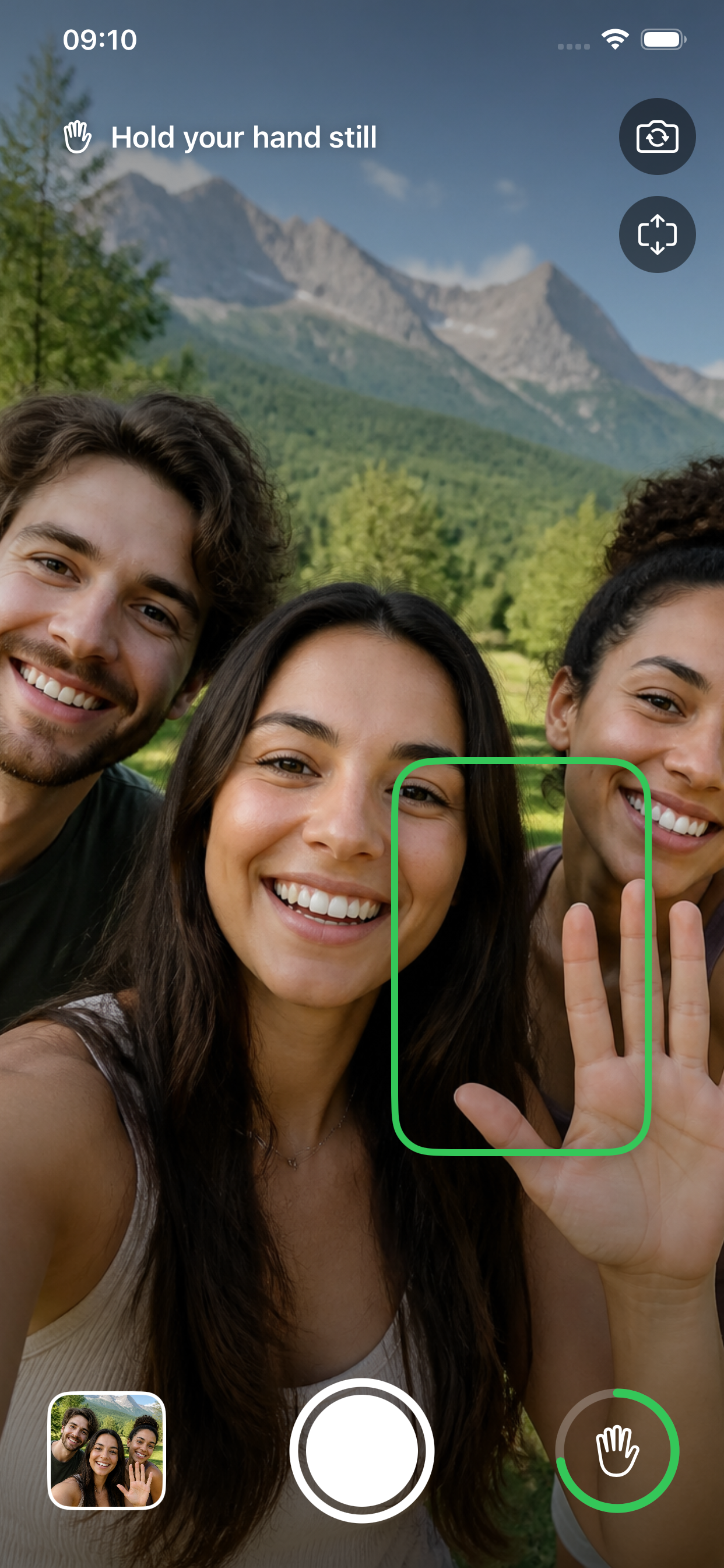GestureSelfie mit erkannter offener Hand und Bereitschaft zum Auslösen