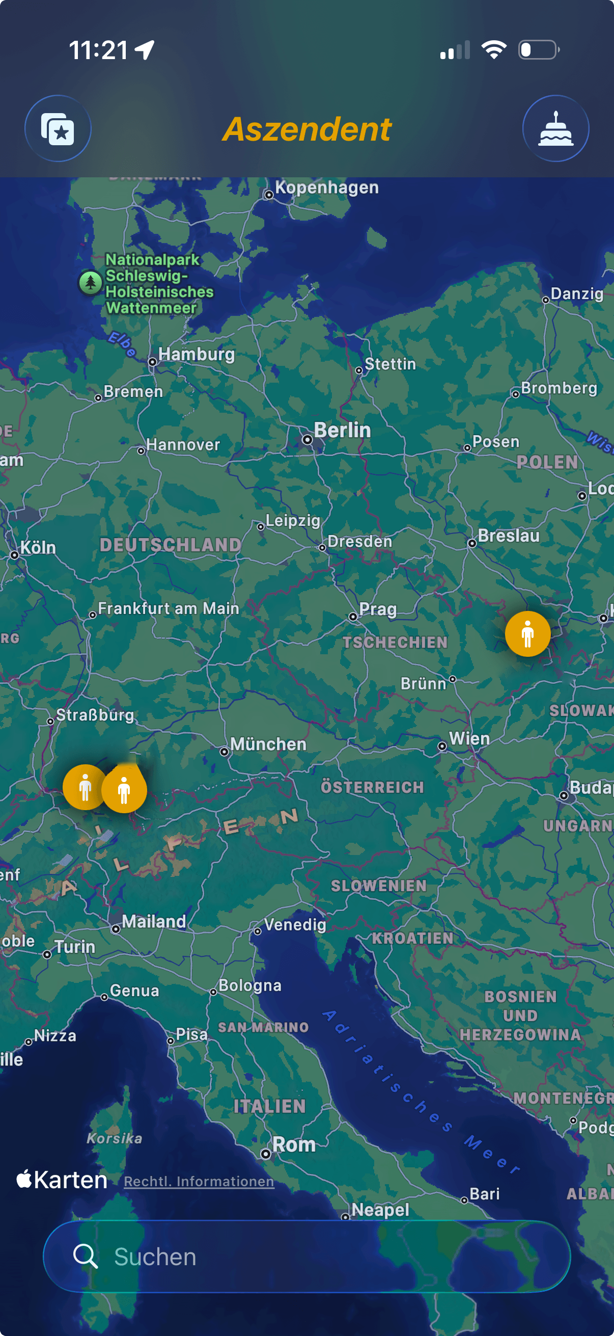 Kartenansicht von myAscendant mit Pin, Personenmarkern, Suchfeld und Navigation
