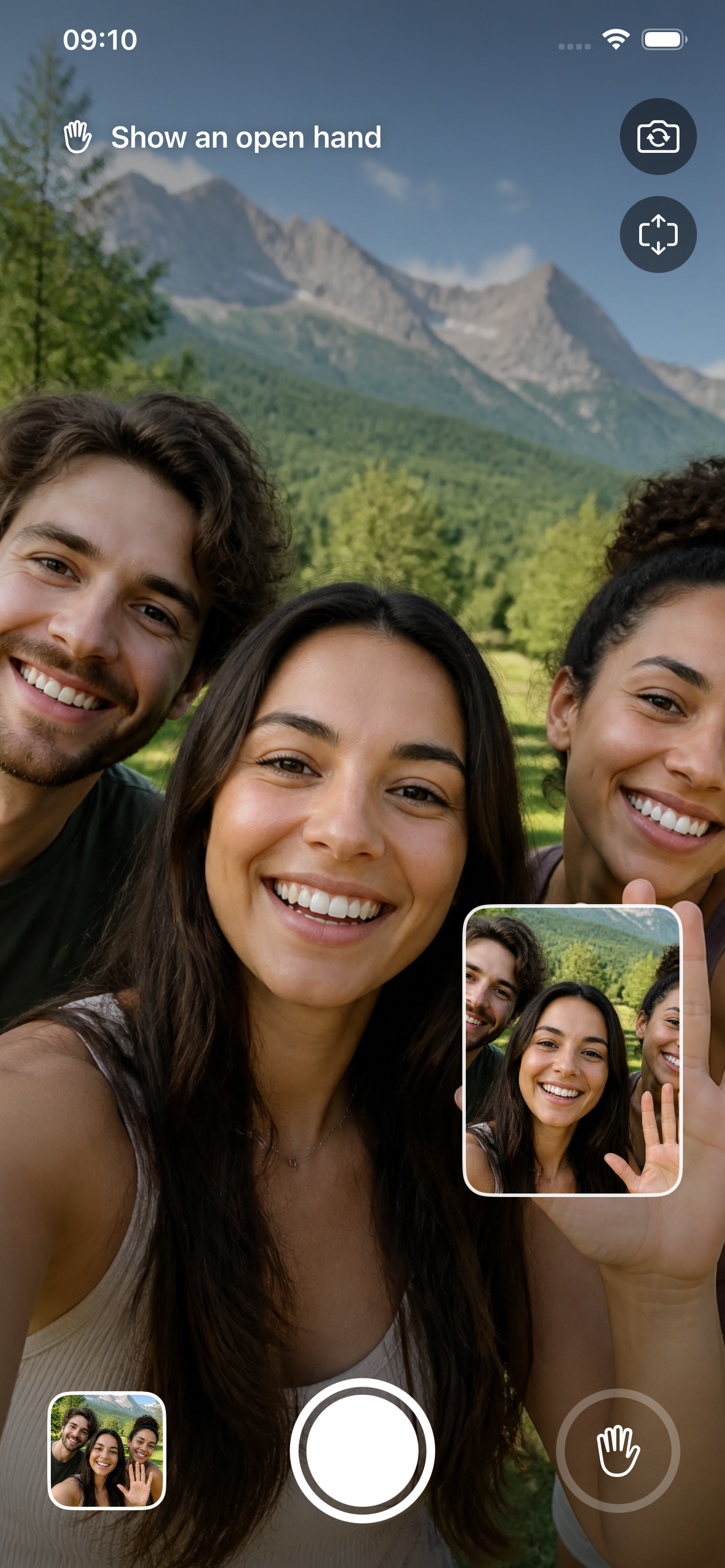 GestureSelfie mit Frontkamera als grosse Ansicht und Rückkamera in einer kleinen Vorschau