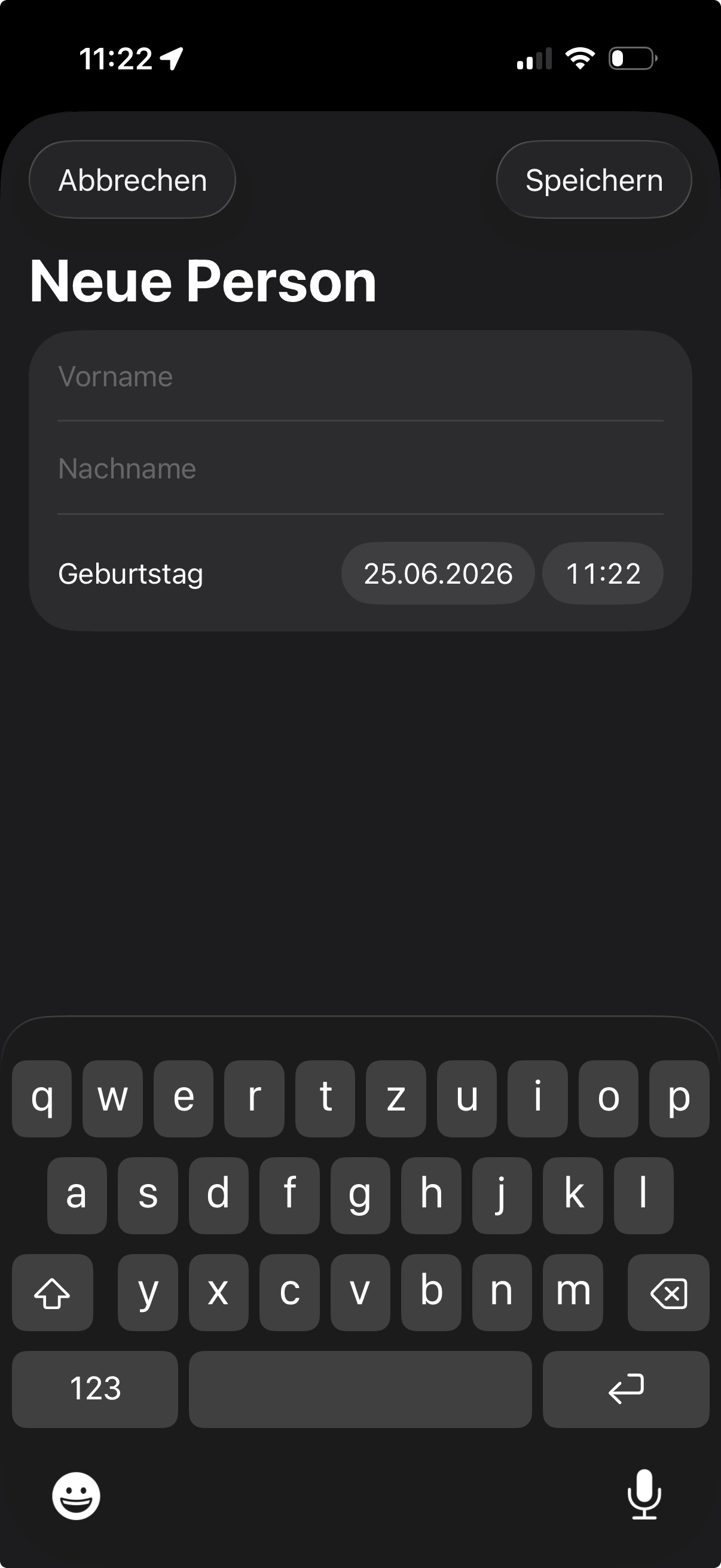 Neue Person in myAscendant mit Vorname, Nachname, Geburtstag und Speichern