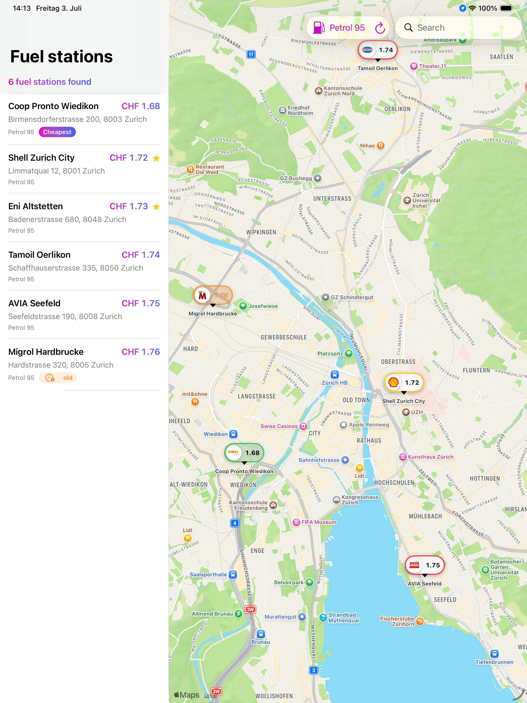 FuelPrices iPad-Übersicht mit Tankstellenliste und grosser Karte