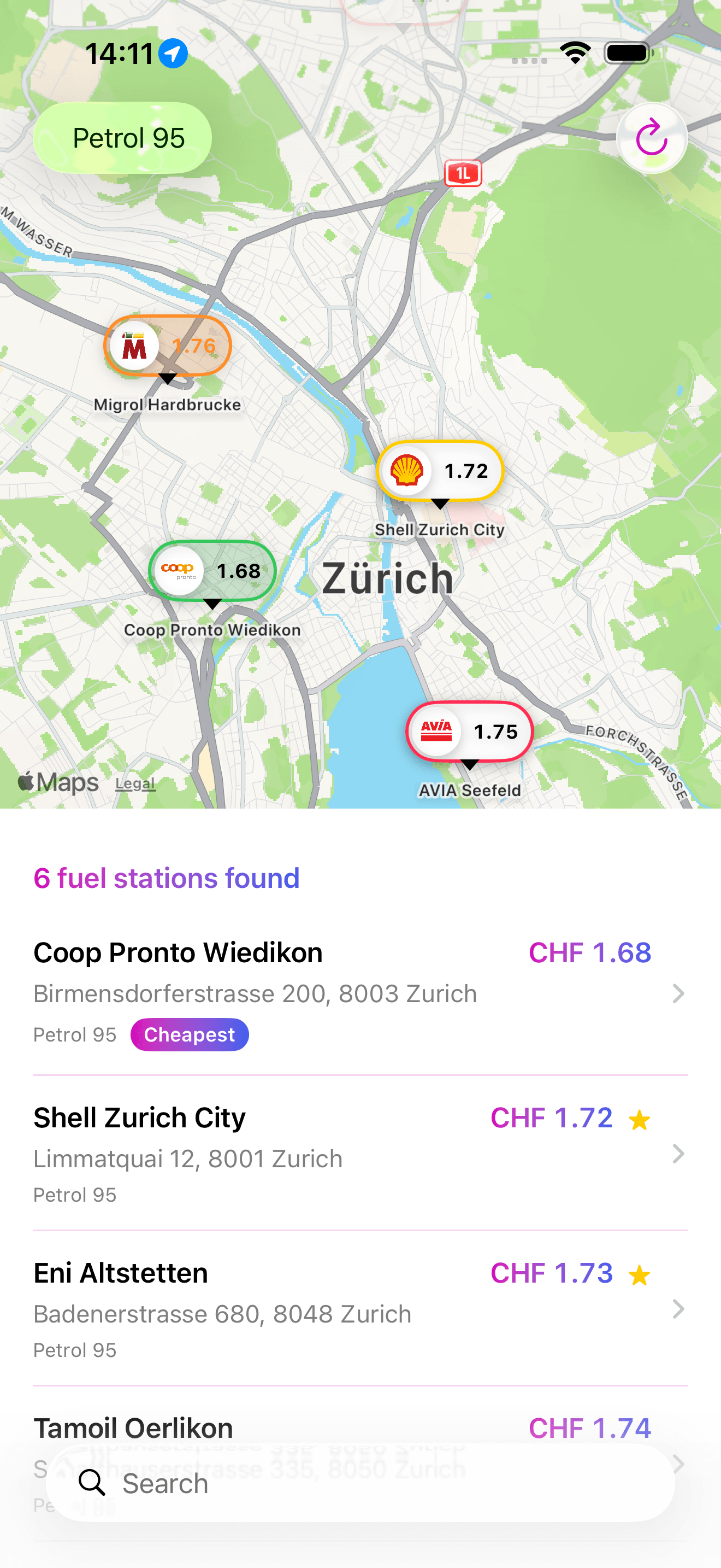FuelPrices iPhone-Übersicht mit Karte, Preismarkern und Tankstellenliste in Zürich