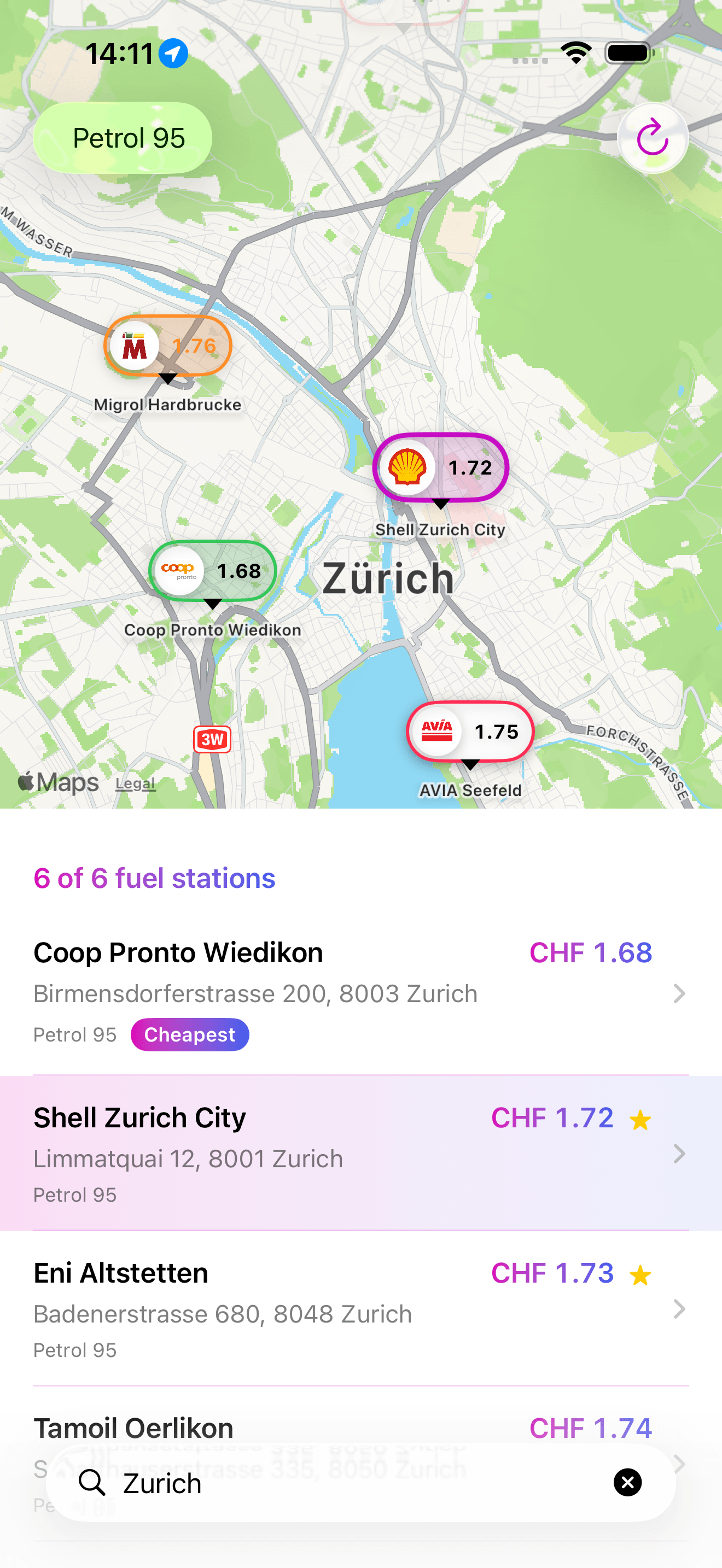 FuelPrices iPhone-Ansicht mit Suchfeld und Favoritensternen