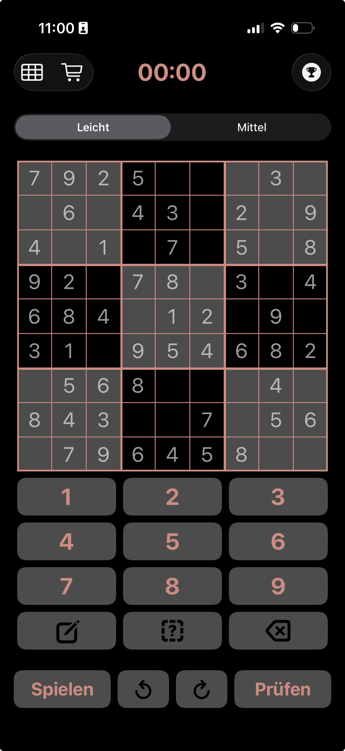 Spielmodus von Sudoku Solver mit Sudoku-Gitter, Zahlenfeld, Notizen, Hinweis, Rückgängig und Prüfen