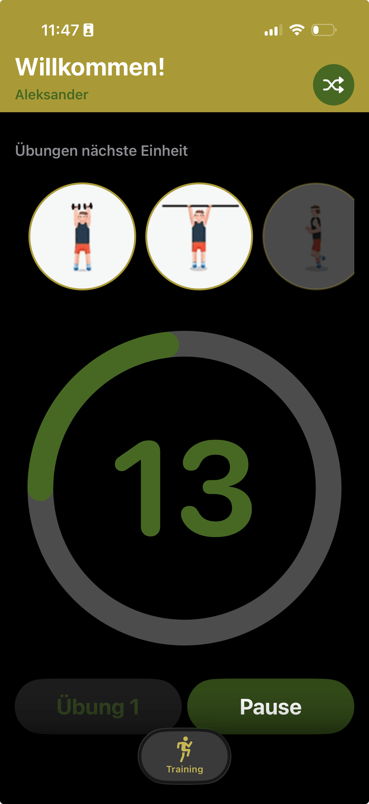 gym45s Pausen-Countdown mit großer Zahl 13 und Fortschrittsring
