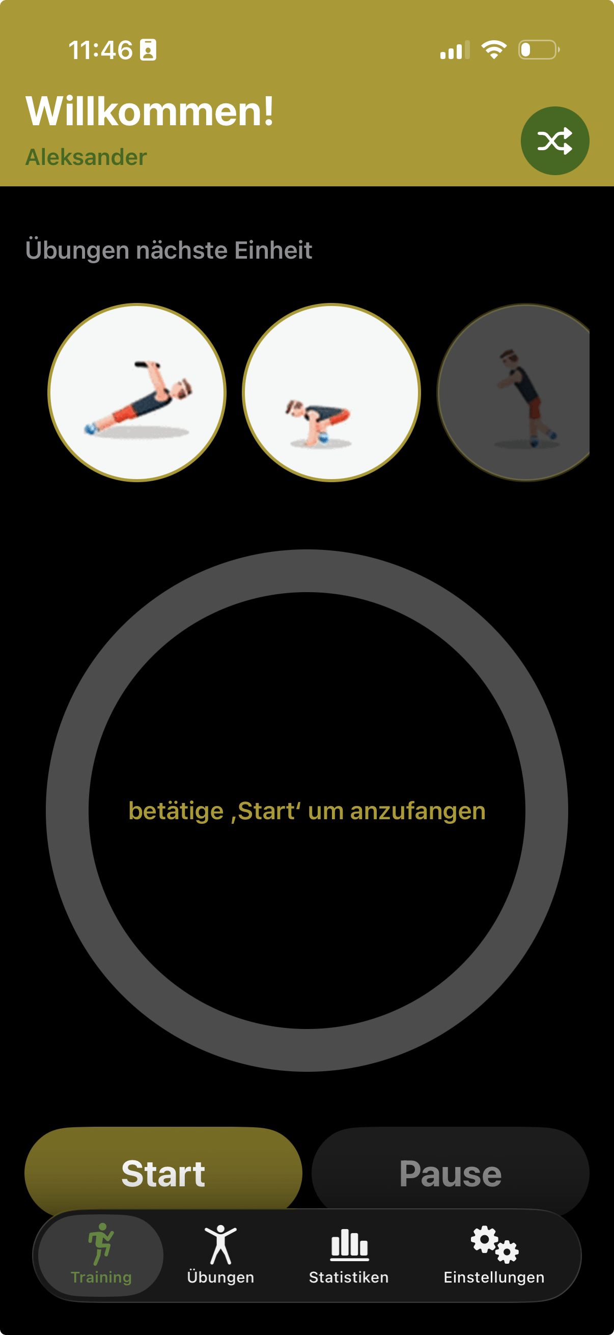 gym45s Startansicht mit Übungsvorschau, Countdown-Kreis, Start- und Pause-Taste