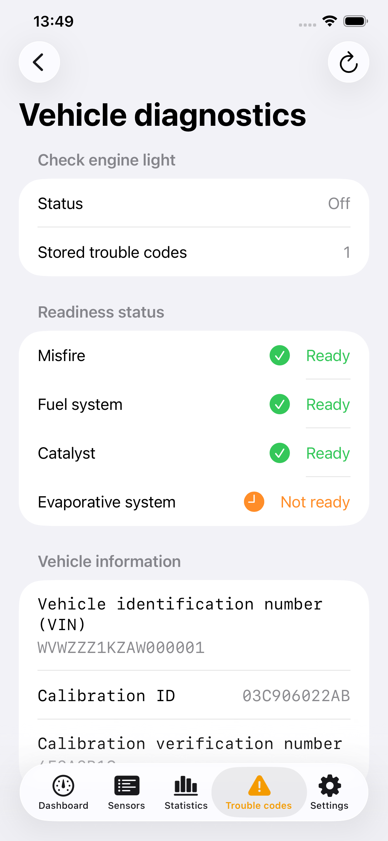 ELM327 Fahrzeugdiagnose mit Motorwarnleuchte, Readiness-Monitoren und VIN